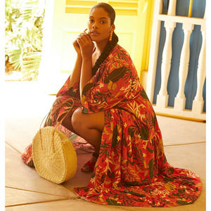 Eloquii | Orange Floral Tropical Tiered Flared Sleeve Plus Size Wrap Dress 16